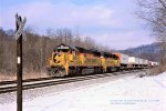 Chessie B&O SD50 8579 - GP40 -2 6194, with an eastbound R138 on the B&O Keystone sub at Fitz Henry, Pennsylvania. January 27, 1988. 